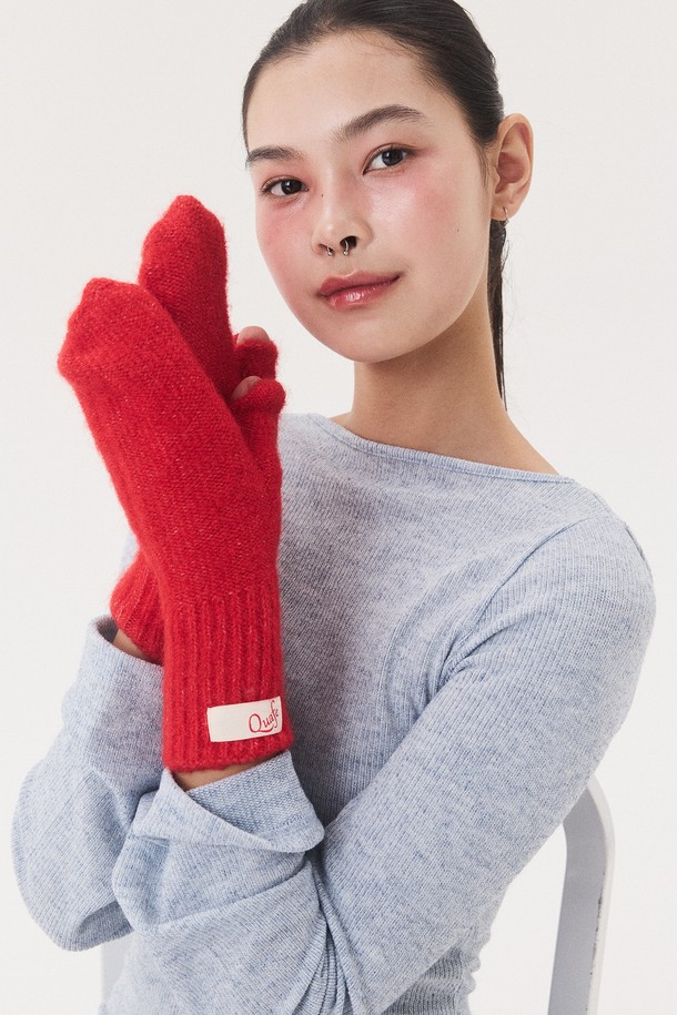 Quafe - 장갑 - LABEL KNITTED MITTENS_red