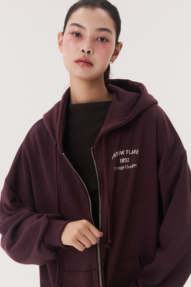 Quafe - 후드 집업 - OVER FIT ARROW HOODY ZIP UP_vintage burgundy