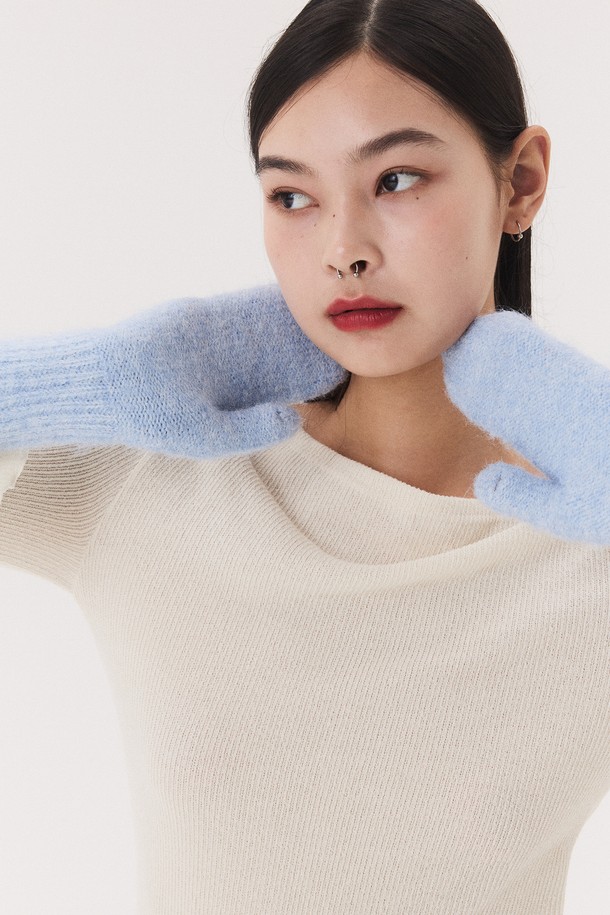 Quafe - 장갑 - LABEL KNITTED MITTENS_ice blue