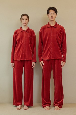 VELOUR PAJAMA COUPLE SET_carmine red