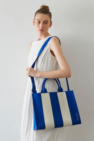 LPK Lattice Knit Tote Bag L Stripe Ivory on Blue