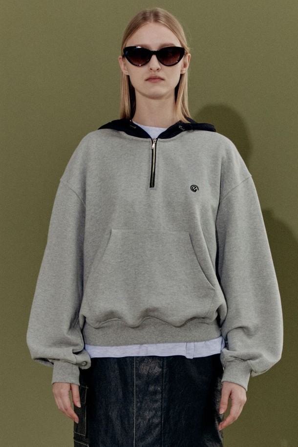 EN OR - 긴소매 티셔츠 - [21FW] HALF ZIPUP OVERFIT HOODY - GREY