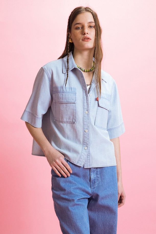 EN OR - 셔츠 - [22SU] POCKET CROP DENIM SHIRT - LIGHT BLUE