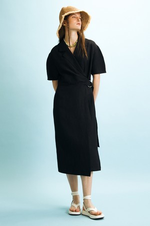 [22SU] SHIRRED WRAP DRESS - BLACK