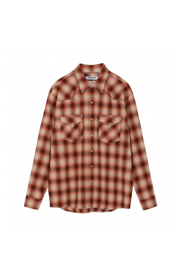 PRODE SHIRT - 긴팔셔츠 - [PRODE SHIRT x MIJ] Damaged Western Check Shirt (Orange)