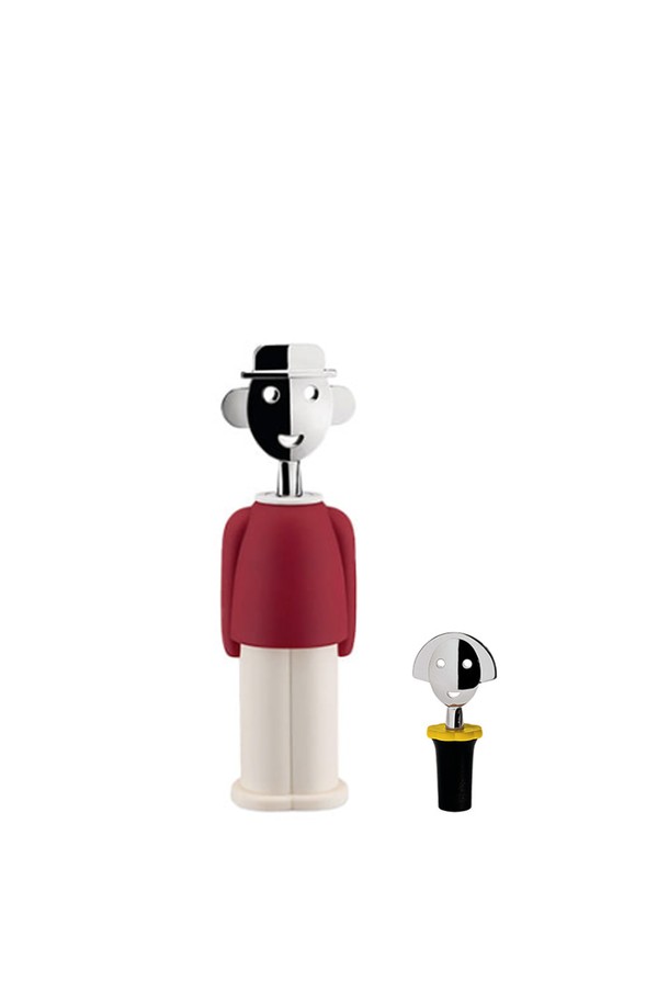 알레시 알레산드로M + 안나 와인캡2 블랙 기프트 세트는 와인 용품 세트로, 주방을 특별하게 만들어줍니다. 알레산드로 멘디니의 이미지를 형상화한 와인 오프너 '알레산드로 M'과 여성 피규어 디자인의 '안나 와인캡'이 세트로 구성되어 있습니다. '알레산드로 M'은 높이 21cm, 지름 6cm이며, '안나 와인캡'은 길이 10cm, 지름 4cm입니다. 와인 오프닝과 와인 보관 기능을 제공하며, 아연합금, 플라스틱, 에틸렌-비닐 아세테이트 코폴리머 등 다양한 소재로 제작되었습니다. 블랙, 블루, 옐로우, 레드, 핑크, 라이트블루 등 다채로운 컬러 옵션을 제공합니다.
