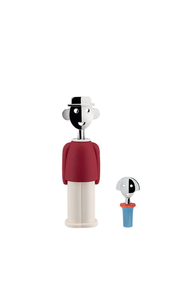 **[Alessi] 알레시 알레산드로M + 안나 와인캡2 블루 기프트 세트**는 알레시와 알레산드로 멘디니의 콜라보레이션으로 탄생한 와인 오프너와 와인캡 세트입니다. 알레산드로 멘디니 본인을 형상화한 알레산드로M 와인 오프너는 지름 6cm, 높이 21cm이며, 안나G의 남자친구 컨셉으로 디자인되었습니다. 여성의 형태를 본뜬 안나 와인캡 2개는 와인 보관에 용이하며, 길이 10cm, 지름 4cm입니다. 와인 오프닝과 와인 보관 기능을 제공하며, 선물용 패키지로 구성되어 특별한 날을 더욱 빛내줍니다. 블루 컬러를 포함하여 블랙, 옐로우, 레드, 핑크, 라이트 블루 등 다양한 색상 옵션으로 만나볼 수 있습니다.
