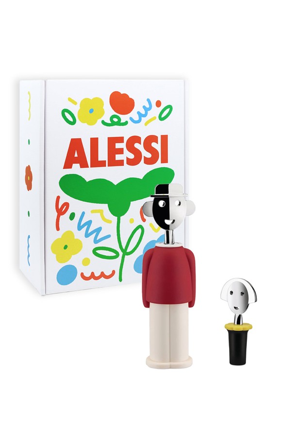 알레시 알레산드로M + 안나 와인캡2 블랙 기프트 세트는 와인 용품 세트로, 주방을 특별하게 만들어줍니다. 알레산드로 멘디니의 이미지를 형상화한 와인 오프너 '알레산드로 M'과 여성 피규어 디자인의 '안나 와인캡'이 세트로 구성되어 있습니다. '알레산드로 M'은 높이 21cm, 지름 6cm이며, '안나 와인캡'은 길이 10cm, 지름 4cm입니다. 와인 오프닝과 와인 보관 기능을 제공하며, 아연합금, 플라스틱, 에틸렌-비닐 아세테이트 코폴리머 등 다양한 소재로 제작되었습니다. 블랙, 블루, 옐로우, 레드, 핑크, 라이트블루 등 다채로운 컬러 옵션을 제공합니다.
