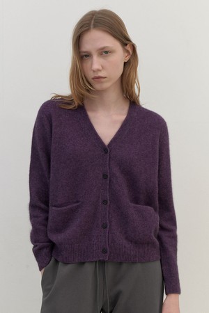 [24FW] ﻿v-neck raccoon knit cardigan- purple