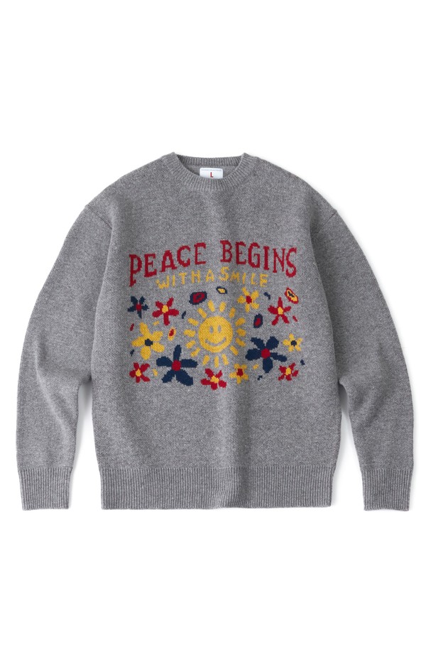 BIG WAVE - 스웨터 - [BIG WAVE] PEACE BEGINS SMILE KNIT (MELANGE, PEONY NAVY)