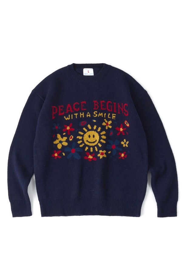 BIG WAVE - 스웨터 - [BIG WAVE] PEACE BEGINS SMILE KNIT (MELANGE, PEONY NAVY)