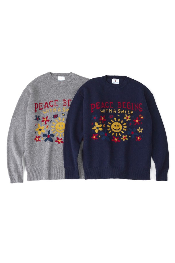 BIG WAVE - 스웨터 - [BIG WAVE] PEACE BEGINS SMILE KNIT (MELANGE, PEONY NAVY)