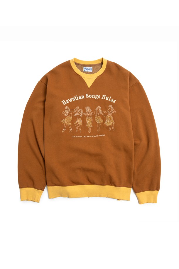 BIG WAVE - 스웻셔츠 - [BIG WAVE] HAWAIIAN SONGS HULAS SWEATSHIRT (HONEY GINGER / DARK GREEN)