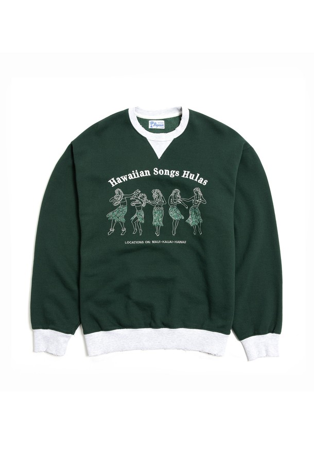 BIG WAVE - 스웻셔츠 - [BIG WAVE] HAWAIIAN SONGS HULAS SWEATSHIRT (HONEY GINGER / DARK GREEN)