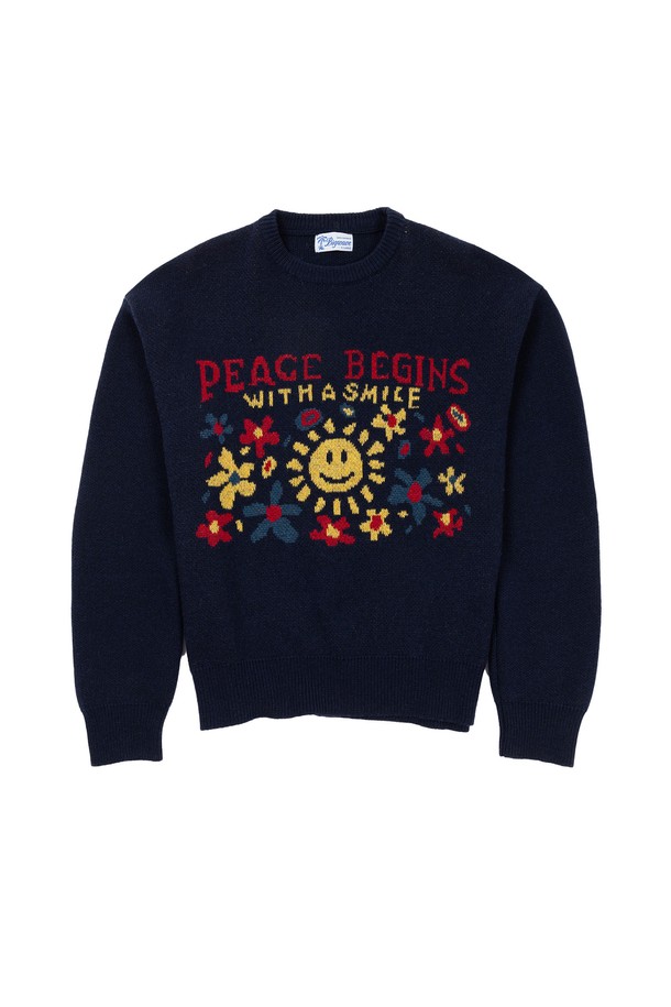 BIG WAVE - 스웨터 - [BIG WAVE] PEACE BEGINS SMILE KNIT (PEONY NAVY / MELANGE)