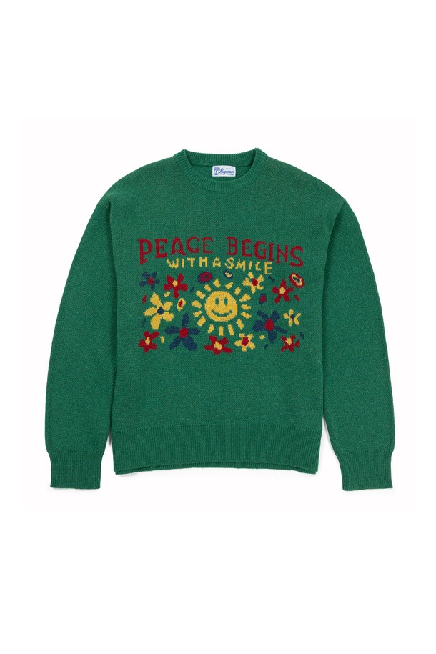 BIG WAVE - 스웨터 - [BIG WAVE] PEACE BEGINS SMILE KNIT (FERN GREEN / BALTIC SEA)