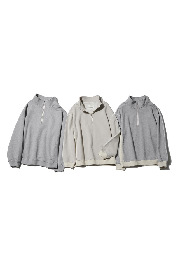 RAMOLIN - 스웨트셔츠 - Shoulder Split Half Zip Sweatshirts Solid Blend