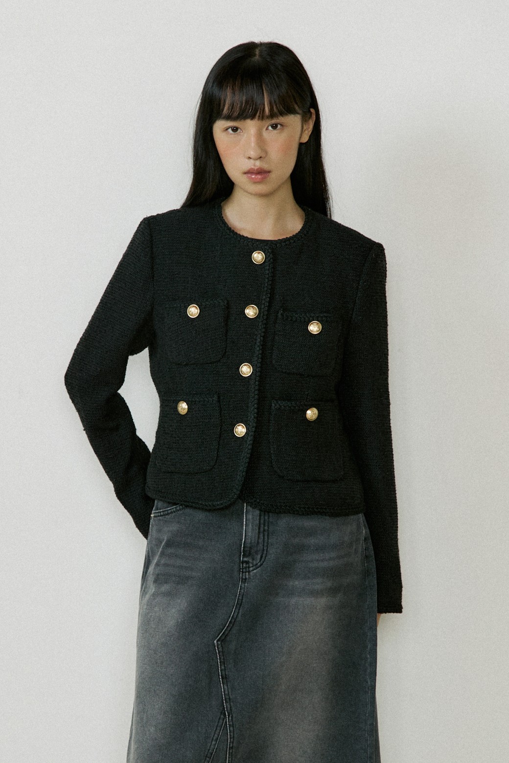 OSTKAKA ♥ Tweed Single Long Jacket /追跡付 Roundneck Single Tweed Jacket (black)_Lucir zu - 코오롱몰