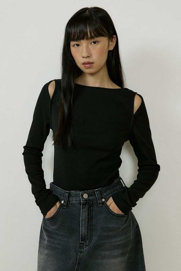 Lucir zu - 긴소매 티셔츠 - Boatneck Shoulder point Sleeve (black)