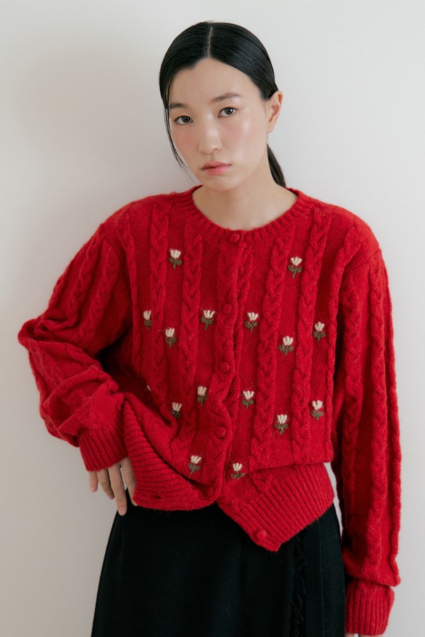 Lucir zu - 가디건 - Flower Wool Knit Cadigan (red)