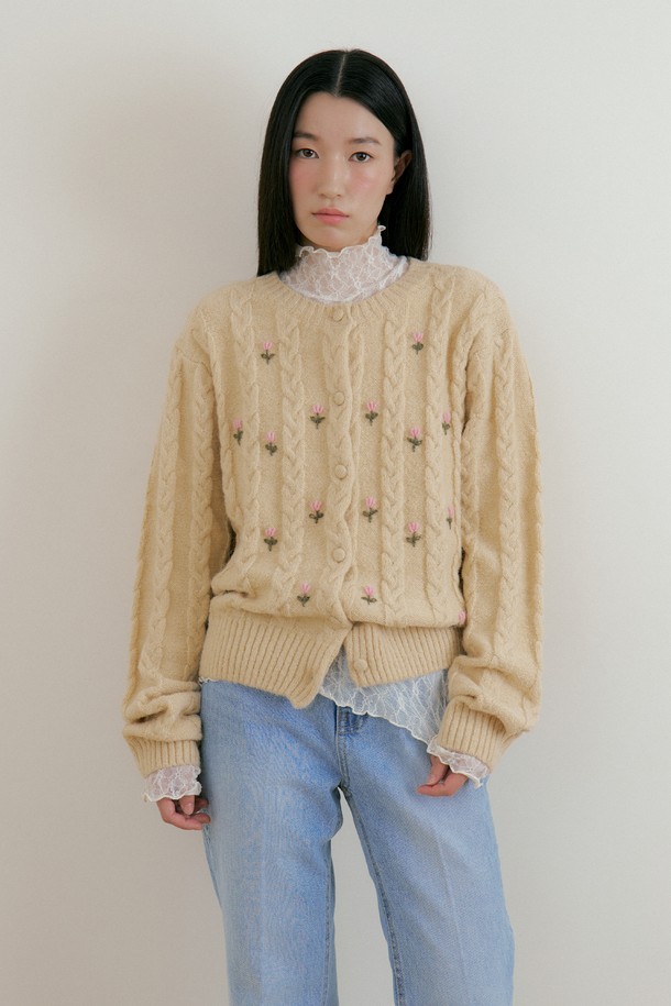 Lucir zu - 가디건 - Flower Wool Knit Cadigan (cream)