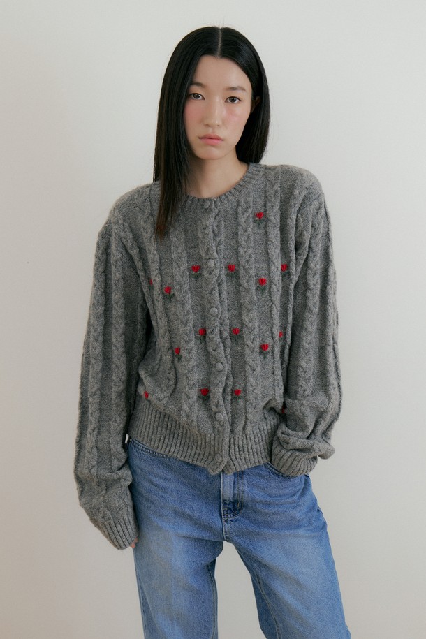 Lucir zu - 가디건 - Flower Wool Knit Cadigan (charcoal)