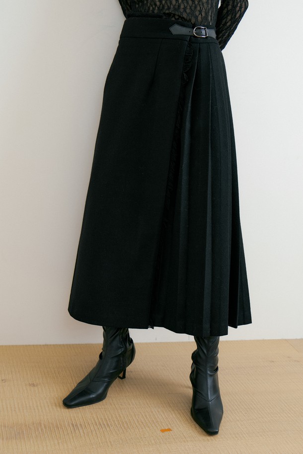 Lucir zu - 롱스커트 - Fringe Wool Pleated Skirt (black)