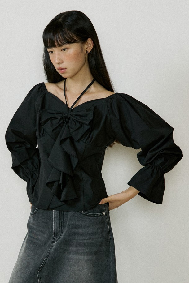 Lucir zu - 블라우스 - Ribbon Drape Halterneck Blouse (black)