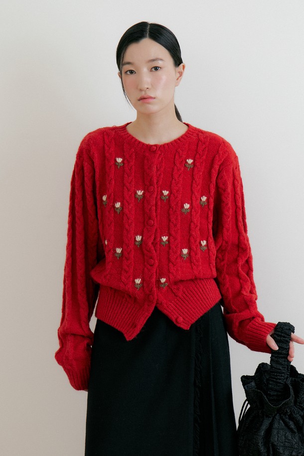 Lucir zu - 가디건 - Flower Wool Knit Cadigan (red)