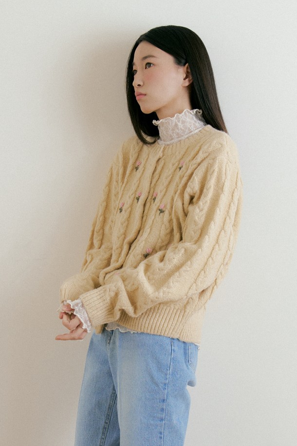 Lucir zu - 가디건 - Flower Wool Knit Cadigan (cream)