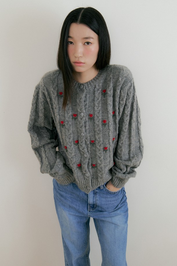 Lucir zu - 가디건 - Flower Wool Knit Cadigan (charcoal)