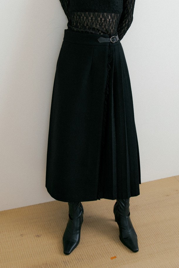 Lucir zu - 롱스커트 - Fringe Wool Pleated Skirt (black)