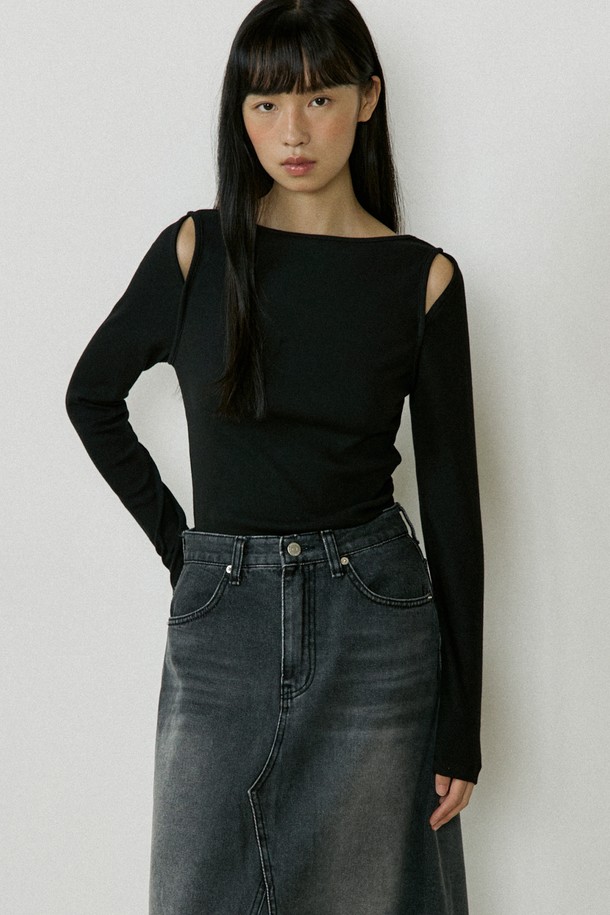 Lucir zu - 긴소매 티셔츠 - Boatneck Shoulder point Sleeve (black)