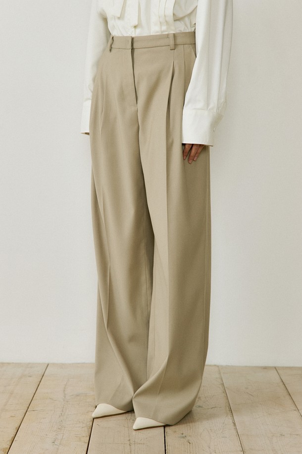 Lucir zu - 롱/미디팬츠 - Low Rise Wide Slacks (beige)