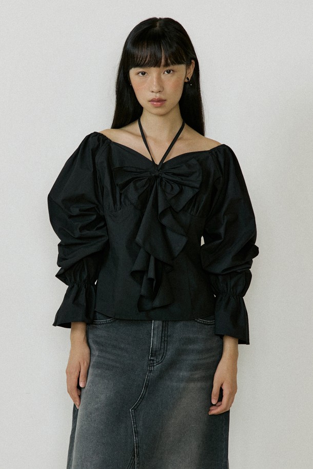 Lucir zu - 블라우스 - Ribbon Drape Halterneck Blouse (black)