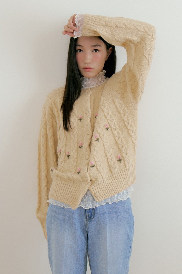 Lucir zu - 가디건 - Flower Wool Knit Cadigan (cream)