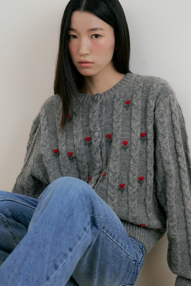 Lucir zu - 가디건 - Flower Wool Knit Cadigan (charcoal)