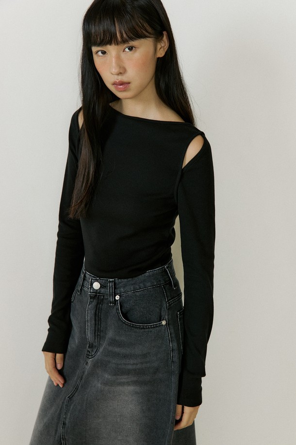 Lucir zu - 긴소매 티셔츠 - Boatneck Shoulder point Sleeve (black)