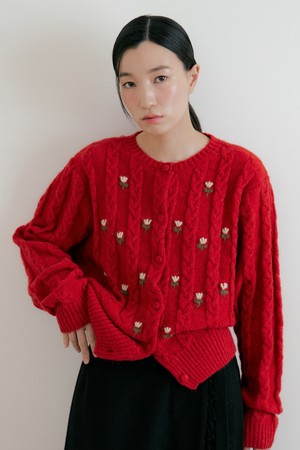 Flower Wool Knit Cadigan (red)