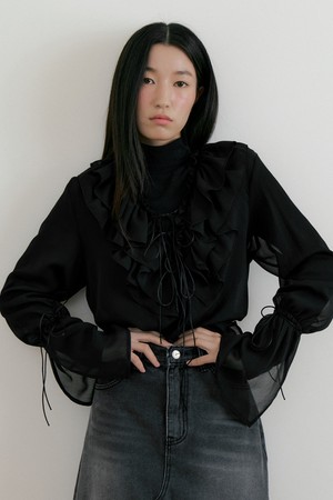 Bohemian Frill Chiffon Blouse (black)