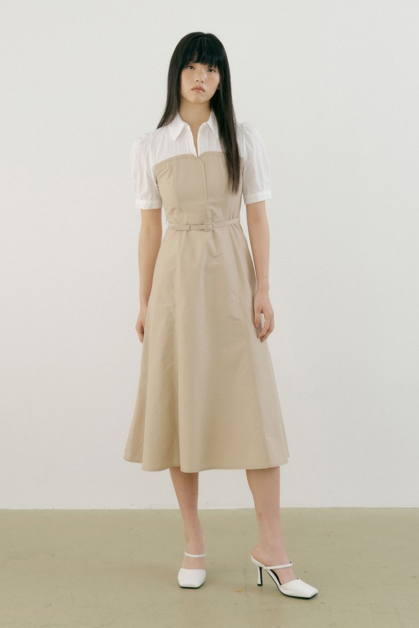 Lucir zu - 반소매 원피스 - Bustier Flare One-piece (beige)