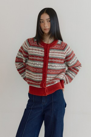 Fair Isle Raglan Sweater Cardigan (red)