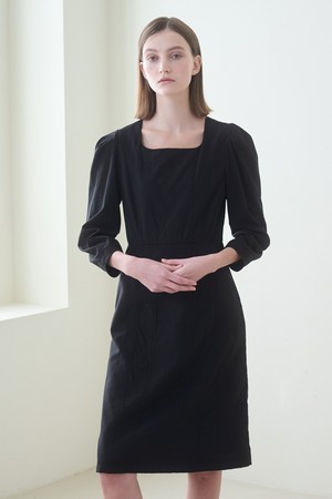 [23SS] Square Neck Stitch Dress - Black