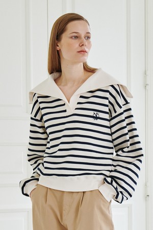 Stripe Sailor Collar T-Shirt - Navy