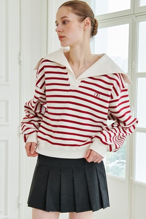 Stripe Sailor Collar T-Shirt - Wine