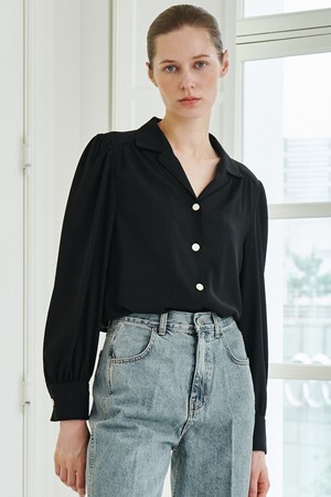 Shirring Notched Collar Blouse - Black