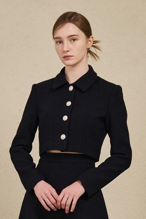 Tweed Collar Crop Jacket -Navy