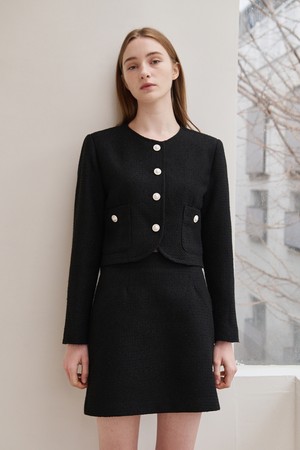 Tweed Pearl Button Jacket Set Up - Black