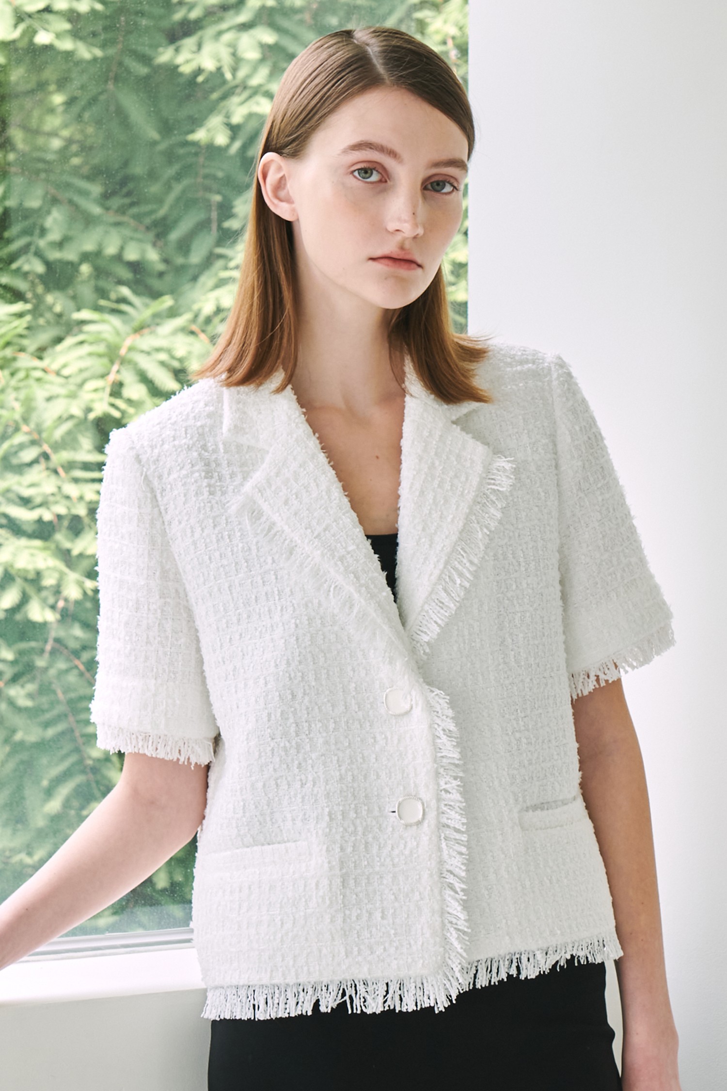 Tweed Fringe Jacket - White_NOUVE