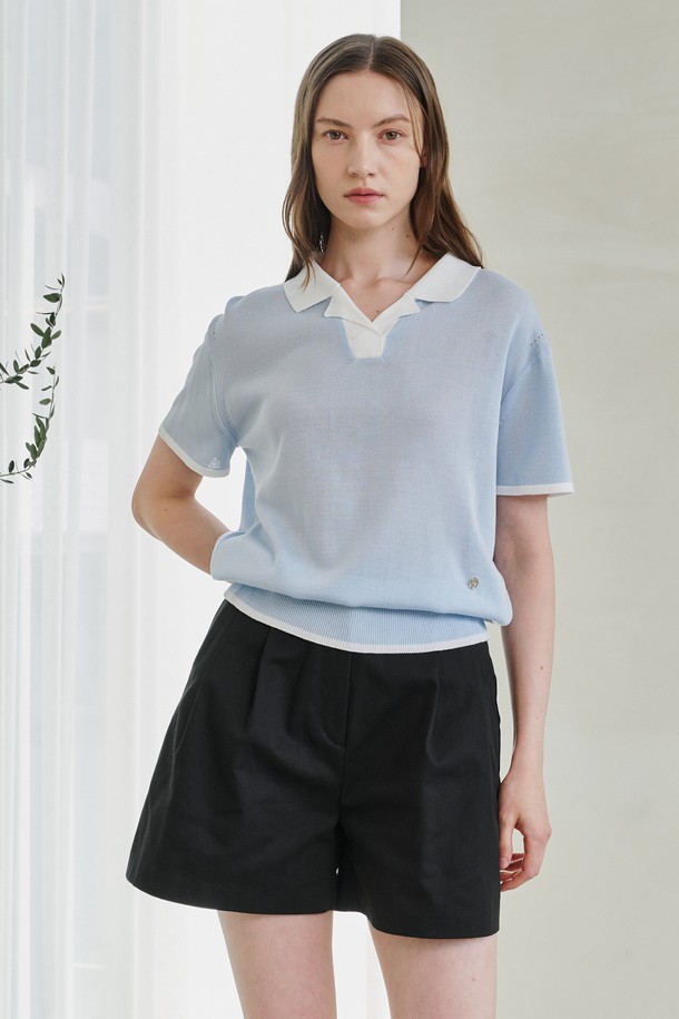 NOUVE - 스웨터 - Color Combi Collar Knit - Sky Blue